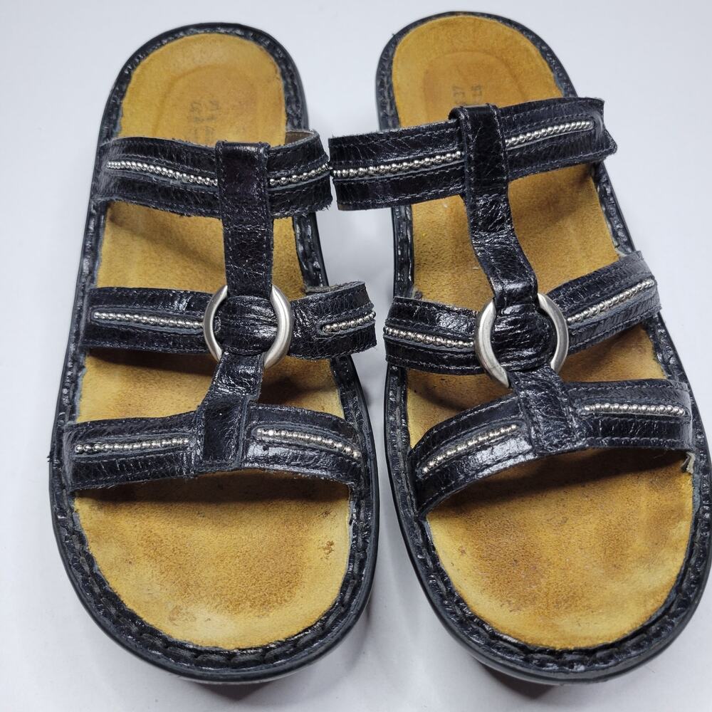 NAOT Brasilia Black Gloss Leather Silver Studs Sandals 37 (US 6.5) Adjust Strap